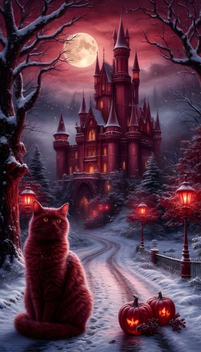 a red cat sitting in front of a castle with pumpkins on the ground next to it Vintage Halloween- Bobcats Castle Gothic Fashion, Goth Fashion, Victorian Gothic, dark slate gray