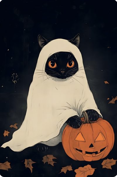 a black and white cat in a ghost costume holding a jack - o'- lantern Halloween Cat For Walls Halloween Cat Aesthetic, Halloween Black Cat, Black Cat Halloween,