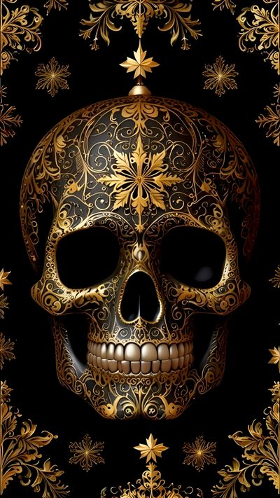 a golden skull with ornate designs on it's face and head, against a black background Black And Gold Halloween Gold Skull Transparent Background, Gold Skull King, Gold Skull Tattoo,