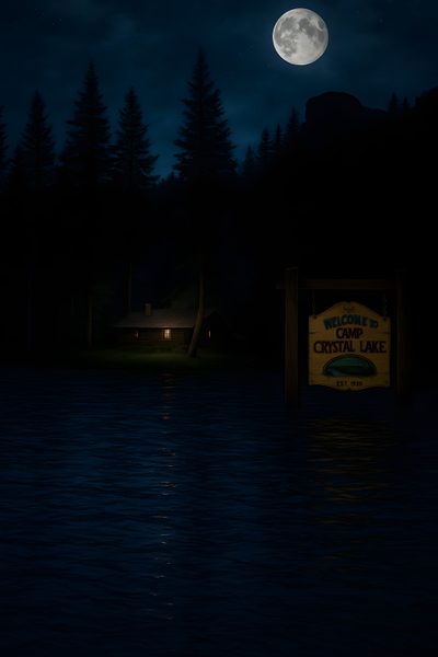 the full moon shines brightly in the night sky over a lake with a sign that reads crystal lake Camp Crystal Lake Halloween Crystal Lake Background, Crystal Lake, Jason Voorhees Crystal Lake, black