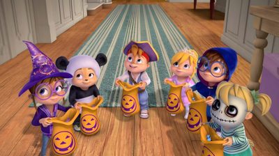 the cartoon characters are holding pumpkins and posing for a group photo in their halloween costumes Alvin And The Chipmunks Halloween Chipettes Halloween, The Chipmunks Halloween, Alvin N The Chipmunks Halloween, gray