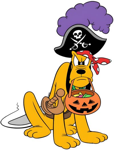 a cartoon dog wearing a pirate hat and holding a pumpkin Pluto Halloween Pluto Halloween Drawing, Disney Pirate Characters Cartoon, Goofy Pirates, white