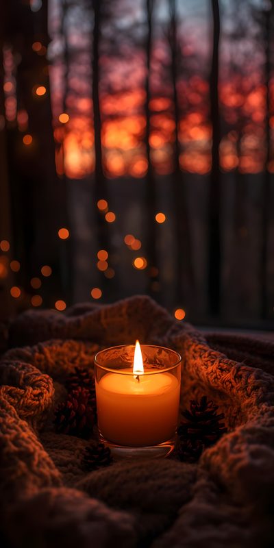 a lit candle sitting on top of a blanket in front of some trees and lights Halloween Candle Glowing Candles, Warm Candlelight, Candle Background, Aesthetic Cozy Autumn Lights, black