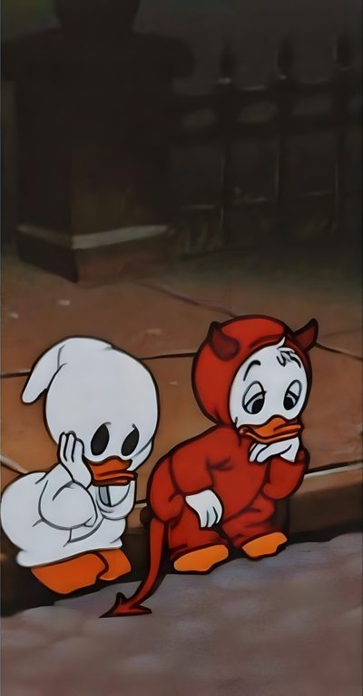 two cartoon characters sitting next to each other Halloween Ios 16 Hippie, Whatsapp Hd, Screen Saver, Halloween Iphone, Cartoon Iphone, dark olive green