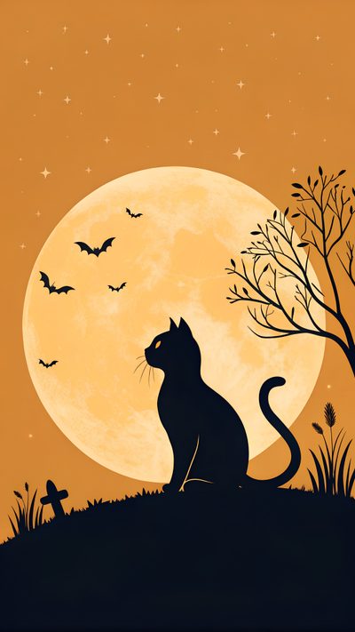 a black cat sitting in front of a full moon with bats flying over the tree Halloween Cat Themed Halloween Cat Themed, Halloween Black Cat Orange Background, Halloween Cat Phone, peru