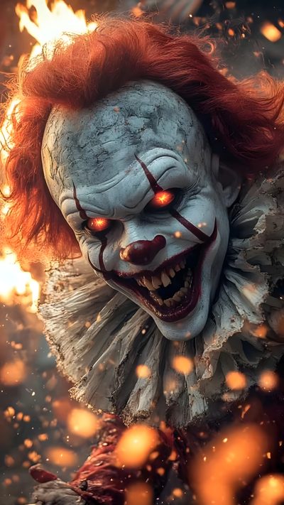 a creepy clown with red hair and glowing eyes Scary Clown Halloween Africa Art Design, Joker Artwork, Viking Art, Promo Flyer, dark olive green