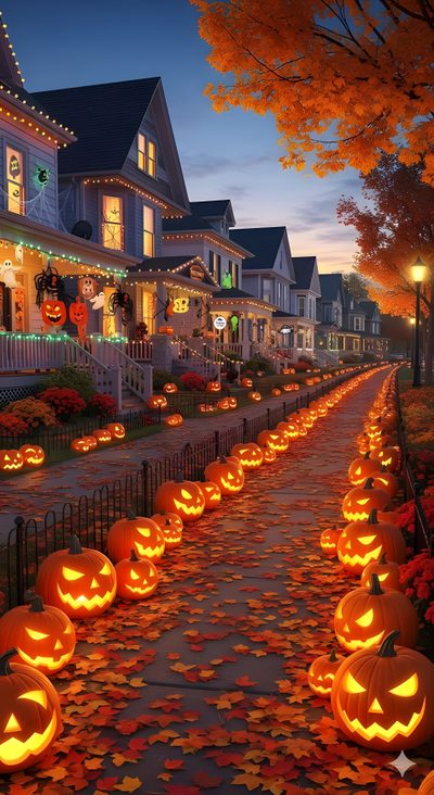 many pumpkins are lit up in front of a house with lights on the windows Halloween Town Aesthetic Halloween Street Background, Halloween Neighborhood Background, Halloween Road, saddle brown