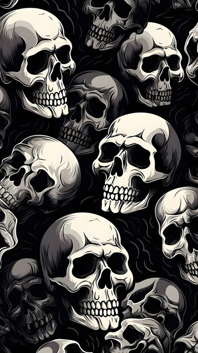 a lot of skulls that are on the ground Halloween Skulls Gothic Skull Background, Black And White Skull Design, Halloween Decoration Ideas,