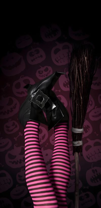 a woman in pink and black striped stockings holding a broom Happy Halloween Stockings Witch Broomstick, Witches Backgrounds, Witch Facebook Cover Photos, black