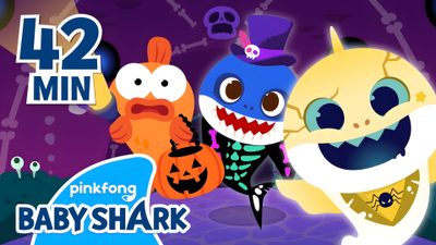 the cartoon baby shark is smiling for the camera Baby Shark Halloween Cute Scary Shark, Pinkfong Baby Shark Zombie, Baby Shark Halloween Super Simple Songs, dim gray