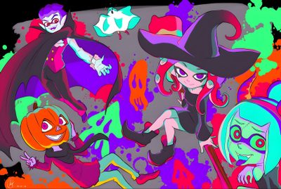 an image of some cartoon characters in halloween costumes Splatoon Halloween Splatoon Halloween, Splatoon Halloween Background, Splatoween Official Art, dim gray