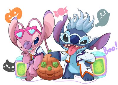 two cartoon characters are holding pumpkins in their hands Halloween Stitch And Angel Stitch And Angel Halloween, Stitch Halloween Drawing, Halloween Stitch Drawing, lavender blush