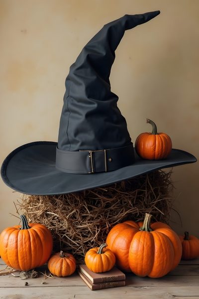 a pile of hay with pumpkins and a witch's hat on top Halloween Witch Hat Sombreros De Playa, Halloween 2, Witch Hat, Halloween Witch, Halloween Diy, dim gray