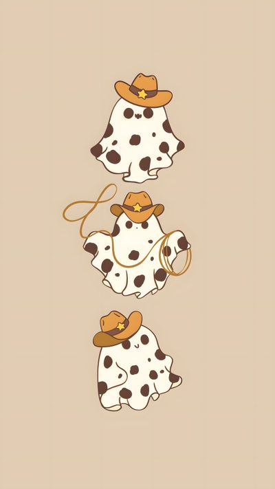 three dalmatian dogs with hats on their heads, one wearing a cowboy hat Cowboy Ghost Halloween Kawaii Dog, Cowboy Ghost Background, Cute Cartoon Aesthetic, wheat