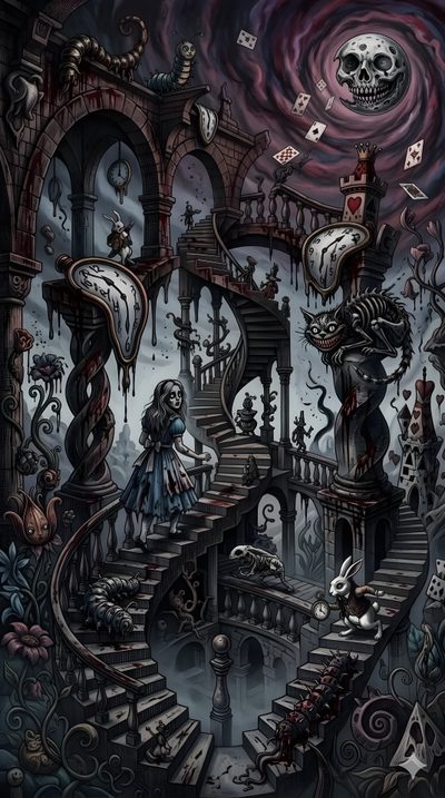 an illustration of a staircase leading up to a skull - like building with lots of skulls on it Halloween Alice Custom Alice Madness Returns Phone, Alice In Madness, Gothic Wonderland, dark slate gray