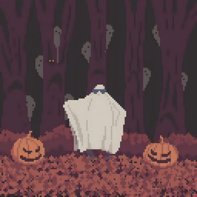 a pixellated image of a ghost and two pumpkins on the ground in front of trees Halloween Pixel Art Gif Magazine Art, Pixel Art, Magazine, Digital Art, Halloween, dark slate gray