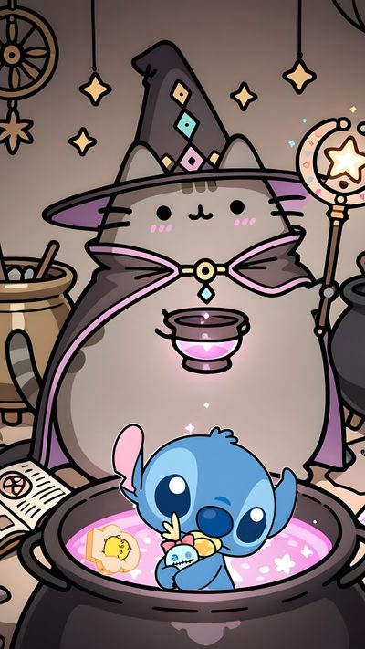 a cartoon character in a witches hat with a blue cat sitting on top of a caulder Kawaii Kawaii Cute Stitch Halloween Kawaii Kawaii Pusheen Halloween, Blue, dim gray