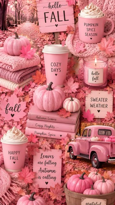 pink fall themed wallpaper with pumpkins, coffee cups and other items on it Pink Fall Halloween Fall Theme Aesthetic, Fall Lockscreen, Pink Autumn, Fall Iphone, pale violet red