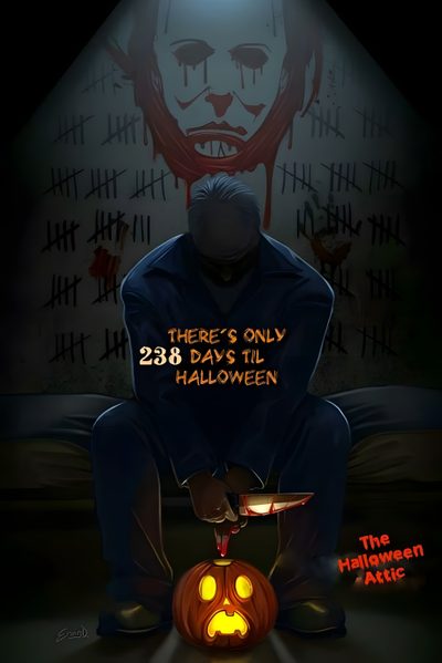 a man sitting on top of a pumpkin in front of a wall with the words, there's only 28 days till halloween Halloween 6 Halloween Killers, Backgrounds Michael Myers, Horror Michael Myers, Mike Myers Halloween, black