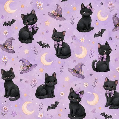 a purple background with black cats wearing witches hats and bats on it's sides Halloween Kitty Lilac Custom Cute Cat Halloween, Halloween Series, Tumblr, Journal Paper, Doberman, thistle