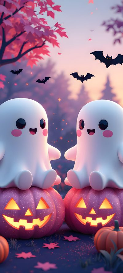 two ghost sitting on pumpkins with bats in the background Halloween Duo Halloween Iphone, Halloween Cartoons, Cute Halloween Iphone, Halloween Iphone Backgrounds, gray