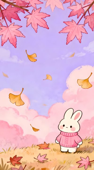 a cartoon rabbit in a pink sweater standing under leaves and looking at the ground below Cute Bunny Halloween Hayao Miyazaki, Studio Ghibli Background, Autumn Art, Miyazaki, La Vie En Rose, thistle