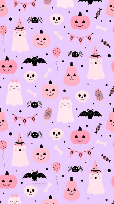 a purple background with lots of different types of cats and bats on it's sides Pink And Purple Halloween Cute Pastel Halloween, Halloween Pastel, Pastel Halloween Aesthetic, lavender