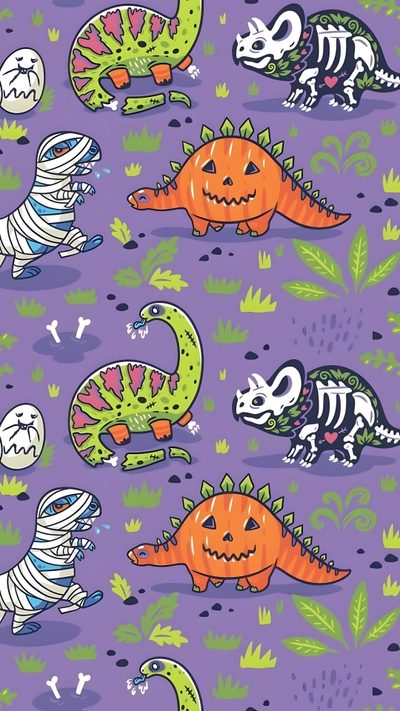 an image of halloween dinosaurs with pumpkins and bats on purple background for wallpaper Halloween Dinosaur Hd Fall Dinosaur, Autumn Dinosaur, Halloween Cartoon Aesthetic, light slate gray