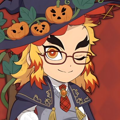 a woman wearing glasses and a hat with pumpkins on it Rengoku Halloween Demon Slayer 2025 Halloween Art, Demon Slayer Halloween Rengoku, Demon Slayer Official Art Halloween 2025, sienna