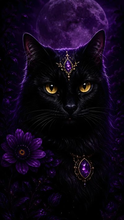 a black cat with yellow eyes is sitting in front of purple flowers and a full moon Black Cat Diamonds For Halloween In Fantasy Art Decor Ideas, Black Cat With Purple Accessories, Gothic Black Cat Illustration,