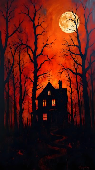 a painting of a house in the woods at night Vintage Halloween Haunted House Spooky Scenery Drawing, Landscape Drawings, Halloween Artwork, black