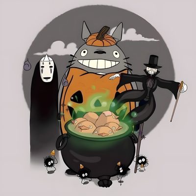a cartoon character is cooking some food in a caulder with other characters around it Studio Ghibli Halloween Totoro Ghost, Ghibli Halloween, Halloween Totoro, Studio Ghibli Halloween, tan