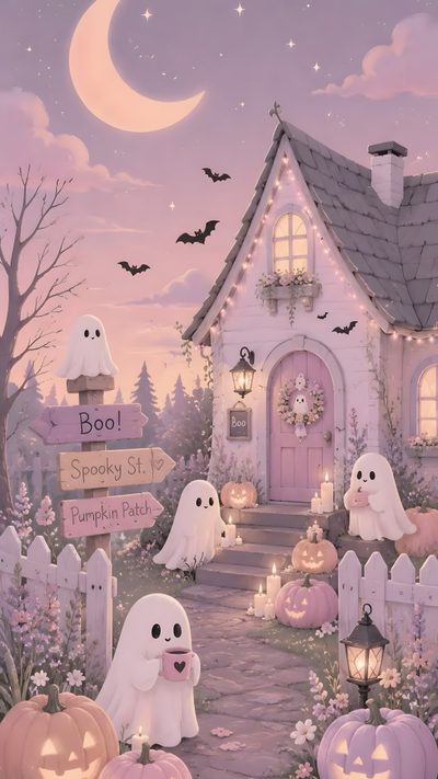 a halloween scene with pumpkins and ghostes in front of a house at night Pastel Halloween Phone Cute Scary Background, For Halloween, Cute Spooky Halloween, rosy brown