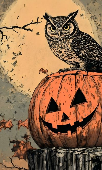 an owl sitting on top of a carved pumpkin Owl Argyle - Retro Halloween Orange Spooky Owls, Halloween Owl Background, Halloween Owl, peru