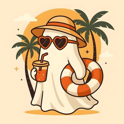 an elephant wearing sunglasses and a hat holding a drink Halloween Summerween Summer Ghost, Summerween, Summerween Aesthetic, Summerween Art, blanched almond