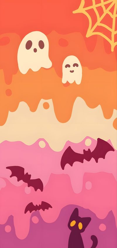 an image of halloween scene with ghost and bats Lesbian Halloween Halloween Pride, Sapphic Halloween, Ghosts And Bats, Lesbian Halloween, light coral