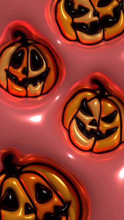 three pumpkins with faces carved into them in orange and black colors on a pink background Halloween Puffy Cute Halloween Iphone, Halloween Zoom Background, 3d Fall Iphone, saddle brown