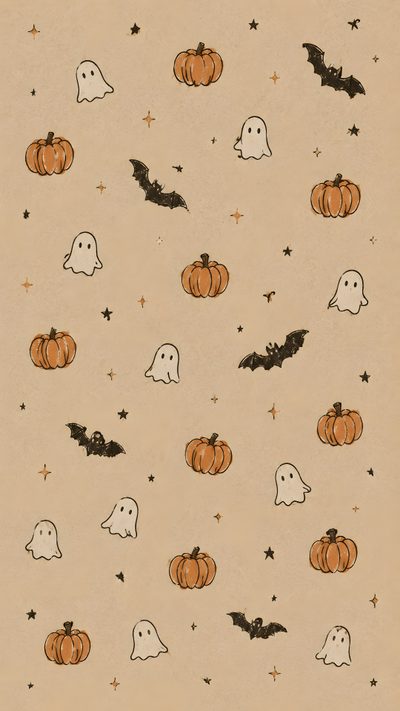 halloween pumpkins and ghost faces on a beige background Cozy Halloween Aesthetic Ios Screen Saver, Recommended, Ipad Aesthetic Halloween, Cute Ghost, tan