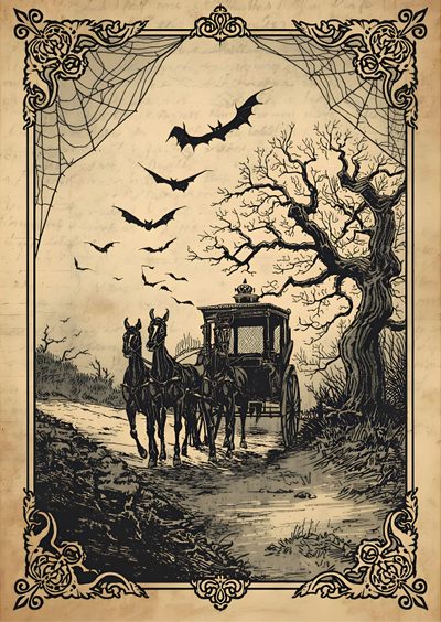 an old fashioned halloween card with horses pulling a buggy and bats flying over the tree Gothic Halloween Decor Gothic Theme, Haunted House Template, Printable Gothic Pictures, Old Gothic, tan
