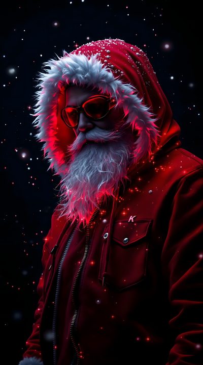 a man wearing sunglasses and a santa claus hat is standing in front of snow flakes Halloween Santa Claus Evil Santa, Santa Claus 4k Iphone, Santa Claus 4k, Santa Hd, Android Vintage, black