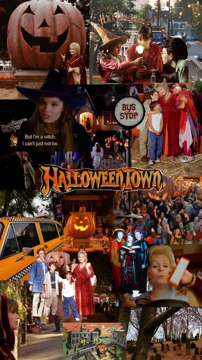 a collage of halloween images with pumpkins and people in costumes on the street Halloweentown Aesthetic Halloween Movie Iphone, Halloween Movies Aesthetic, Halloween Movies, dark olive green