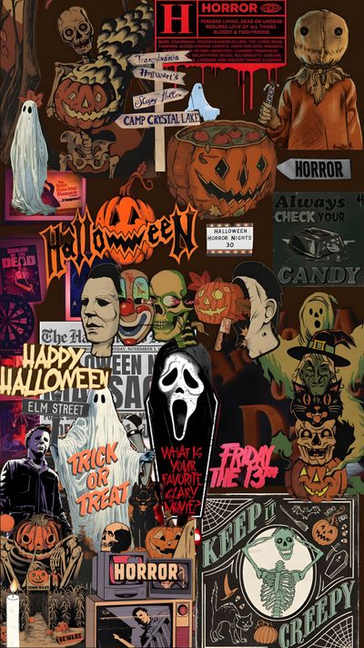 Happy Halloween Collage, Halloween Horror Characters Wallpaper, Horror Wallpaper Collage, Cute Spooky Wallpapers Aesthetic, Horror Ipad Wallpaper, Halloween Characters Wallpaper, Horror Movie Wallpaper Iphone, Slasher Background, Halloween Wallpaper Iphone Ghostface Spooky Halloween Collage Happy Halloween Collage, Halloween Horror Characters, Horror Collage, dark olive green