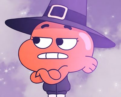 a cartoon character wearing a purple hat and holding his hand to his face while standing in front of stars Gumball Halloween Amazing World Of Gumball Halloween, Darwin Watterson Halloween, Gumball Halloween Icon, plum