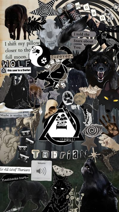 a collage of black and white images with different types of animals on them, including bears Therian Halloween Gray Wolf Therian, Crow Therian, Grey Wolf Therian, Black Fox Therian,