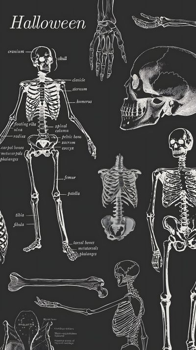 a black and white drawing of human skeletal systems on a chalkboard with the words halloween written below it Black And While Halloween Witchy, Edgy, Wishes Images, Simple, Neutral Design, dark slate gray