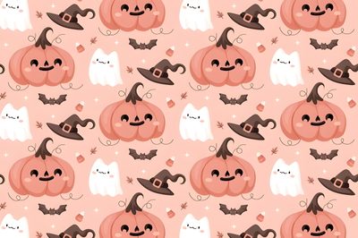 halloween pumpkins with bats and ghost faces on pink background, seamless fabric design Pastel Halloween Medium-pumpkin Patch Halloween Ipad Horizontal, Halloween Cute Background, Pastel Cute Halloween Background, peach puff