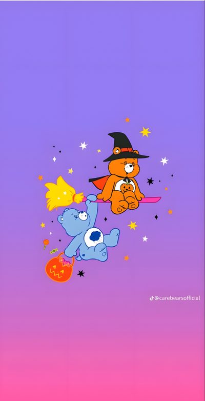 three cartoon bears flying through the air with witches on their heads and stars in the background Care Bears Halloween Care Bear Fall, Carebear Halloween, Care Bear Halloween, medium purple