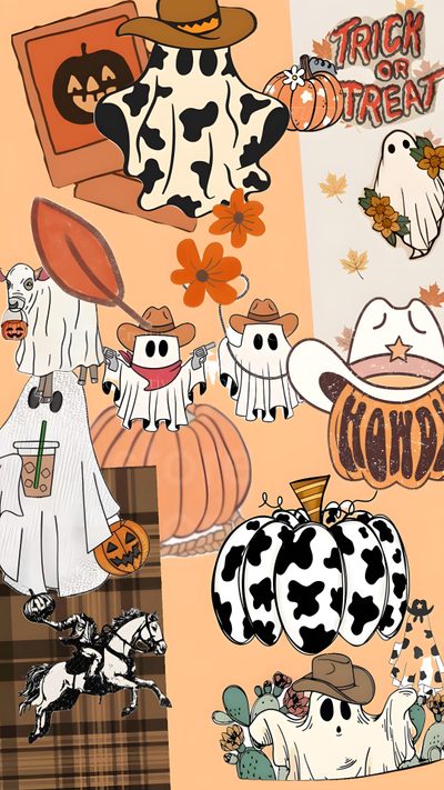 a collage of halloween images with pumpkins, ghostes and other things on them Halloween Cowgirl Halloween Screen Savers, Cow Print, Pumpkin, Halloween Iphone Backgrounds, burlywood