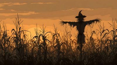 a scarecrow standing in the middle of a cornfield at sunset Halloween Scarecrow Halloween Scarecrow, Modern Fall, Fond D Ecran, Halloween Scene, Unique, sienna