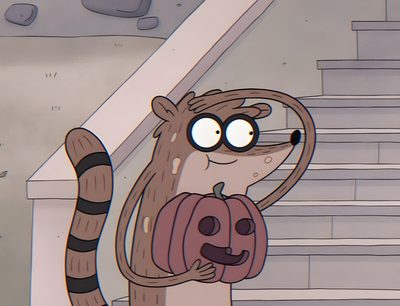 a cartoon character holding a jack - o'- lantern in front of some stairs Regular Show Halloween Rigby Profile Picture, Halloween Cartoon Network, Regular Show Halloween, rosy brown